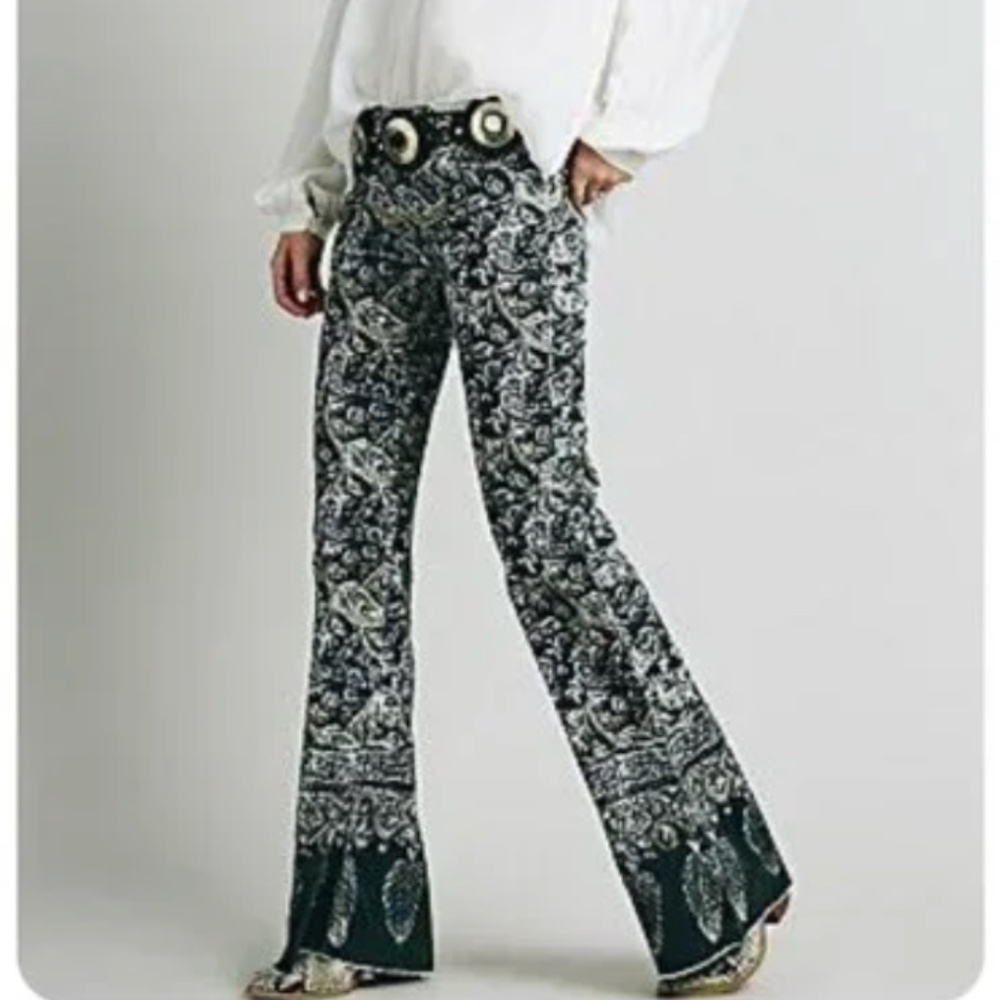 RARE Free People New Delhi Paisley Corduroy Festival Flare Boho Pants sz 27